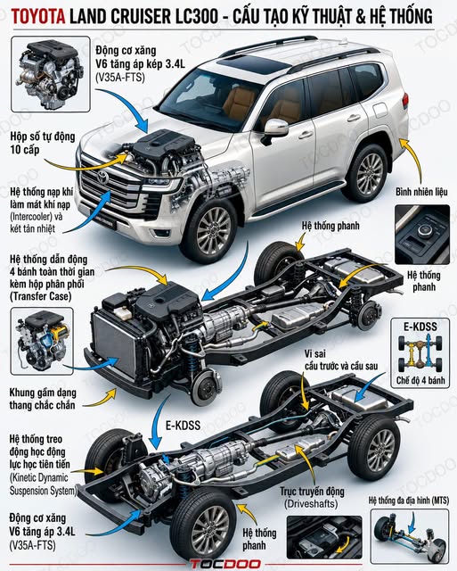 Hệ thống lái trên Toyota Land Cruiser LC300 sử dụng cơ cấu trợ lực lái thủy lực biến thiên theo tốc độ kết hợp với bộ chấp hành hệ thống lái (mô-tơ điện phụ trợ)